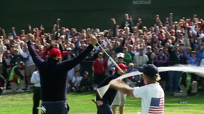 2 GIFs: Caddy waves flag like a mad man and Phil Mickelson: Ass grabber.