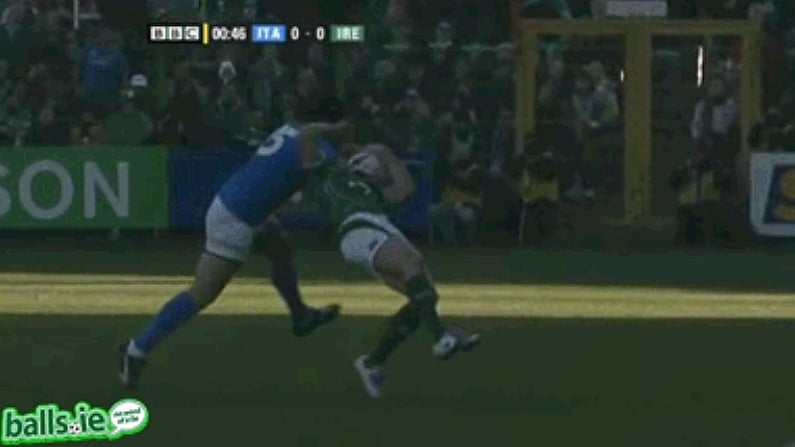 The Worst Rugby Tackles Ever: Andrea Massi Tries To Remove Rob Kearney's Head.