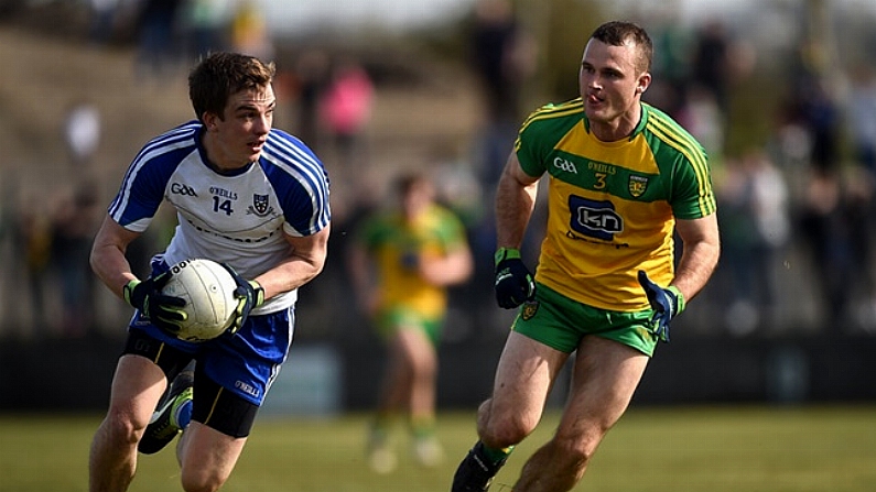 26 March 2017; Jack McCarron of Monaghan in action against Neil McGee of Donegal during the Allianz Football League Division 1 Round 6 match between Donegal and Monaghan at Fr. Tierney Park in Ballyshannon, Co. Donegal. Photo by Philip Fitzpatrick/Sportsfile