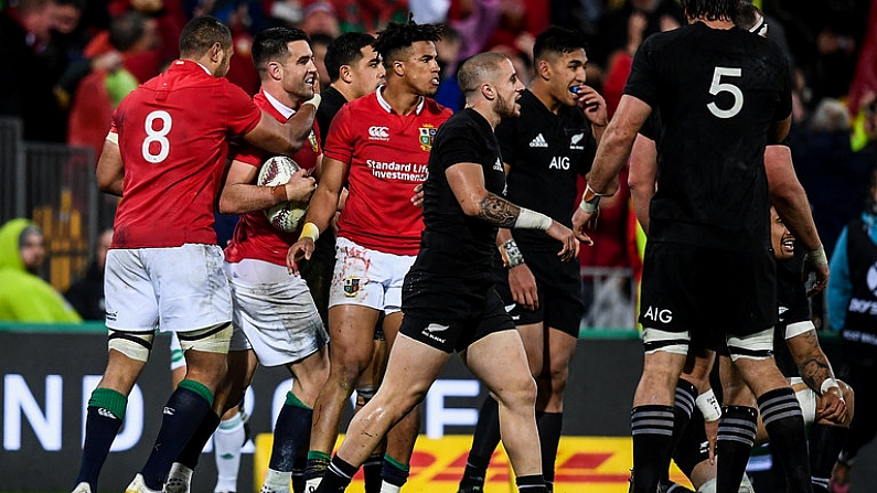 1 July 2017; Conor Murray is congratulated by his British and Irish Lions team-mate Taulupe Faletau, left, after scoring his side's second try during the Second Test match between New Zealand All Blacks and the British & Irish Lions at Westpac Stadium in Wellington, New Zealand. Photo by Stephen McCarthy/Sportsfile