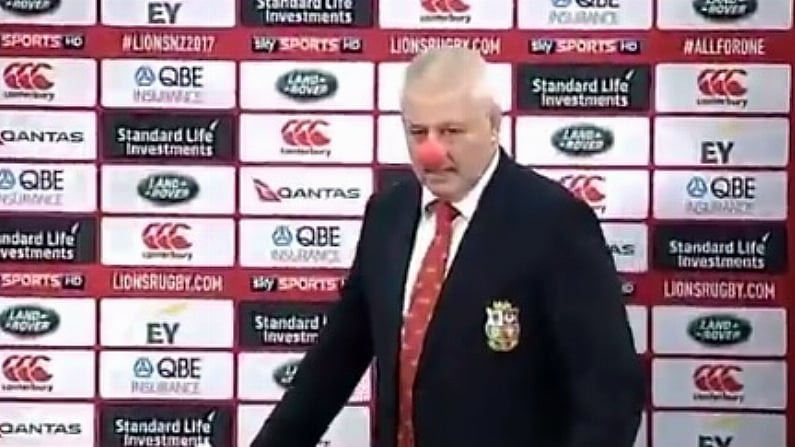 Watch: Warren Gatland Enters Press Conference Wearing Clown Nose