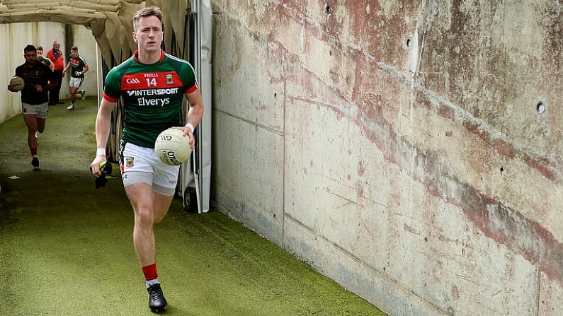 22 July 2017; Mayo captain Cillian O'Connor leads his team-mates to the pitch before the GAA Football All-Ireland Senior Championship Round 4A match between Cork and Mayo at Gaelic Grounds in Co. Limerick. Photo by Piaras O Midheach/Sportsfile