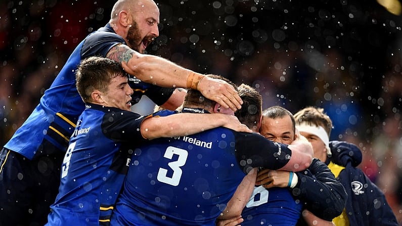 1 April 2017; Jack Conan of Leinster is congratulated by teammates after scoring his side's second try during the European Rugby Champions Cup Quarter-Final match between Leinster and Wasps at Aviva Stadium in Dublin. Photo by Ramsey Cardy/Sportsfile