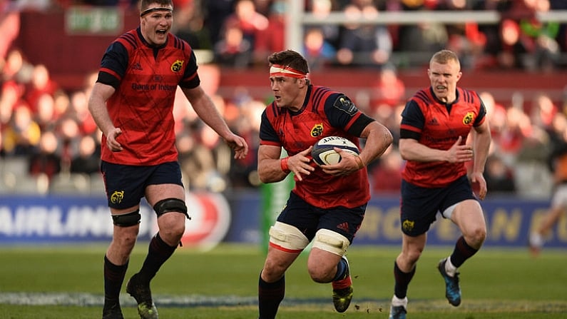 1 April 2017; CJ Stander of Munster supported by team-mates Donnacha Ryan, left, and Keith Earls during the European Rugby Champions Cup Quarter-Final match between Munster and Toulouse at Thomond Park in Limerick. Photo by Diarmuid Greene/Sportsfile