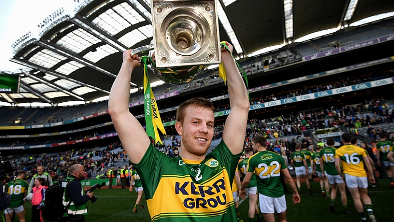 9 April 2017; Kerry captain Fionn Fitzgerald with the cup following the Allianz Football League Division 1 Final match between Dublin and Kerry at Croke Park in Dublin. Photo by Stephen McCarthy/Sportsfile