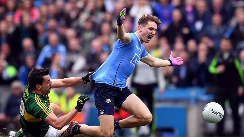 9 April 2017; Michael Fitzsimons of Dublin is tackled by Anthony Maher of Kerry resulting in a late Dublin free during the Allianz Football League Division 1 Final match between Dublin and Kerry at Croke Park in Dublin. Photo by Stephen McCarthy/Sportsfile