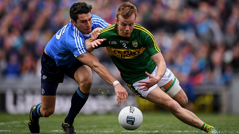 9 April 2017; Fionn Fitzgerald of Kerry in action against Bernard Brogan of Dublin during the Allianz Football League Division 1 Final match between Dublin and Kerry at Croke Park in Dublin. Photo by Stephen McCarthy/Sportsfile