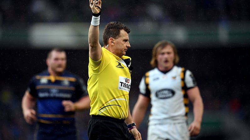 1 April 2017; Referee Nigel Owens during the European Rugby Champions Cup Quarter-Final match between Leinster and Wasps at the Aviva Stadium in Dublin. Photo by Stephen McCarthy/Sportsfile