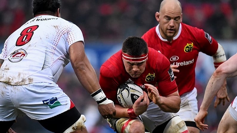 2 January 2016; CJ Stander, Munster, in action against Nick Williams, Ulster. Guinness PRO12, Round 11, Ulster v Munster. Kingspan Stadium, Ravenhill Park, Belfast. Picture credit: Ramsey Cardy / SPORTSFILE