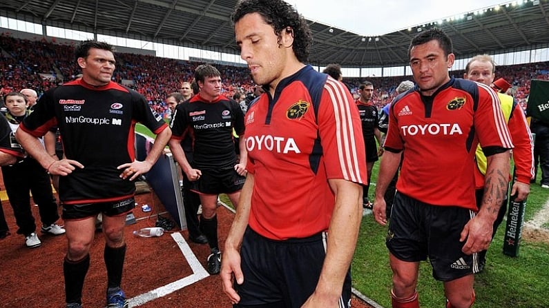 27 April 2008; Munster players Doug Howlett and Rua Tipoki leave the pitch after victory over Saracens. Heineken Cup Semi-Final, Saracens v Munster, Ricoh Arena, Coventry, England. Picture credit: Brendan Moran / SPORTSFILE *** Local Caption ***