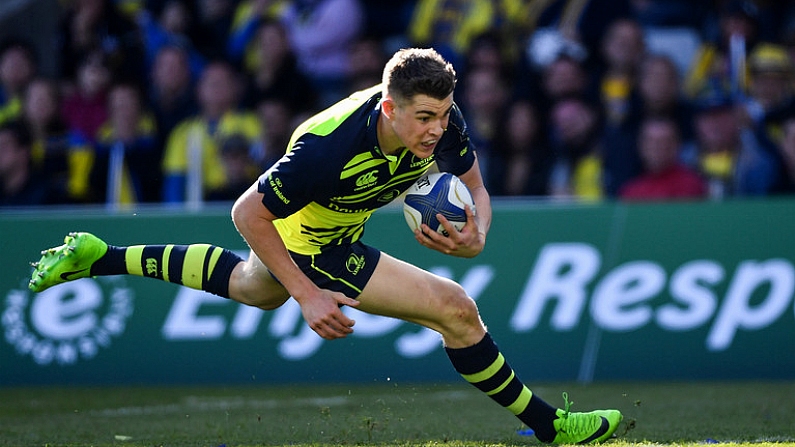 23 April 2017; Garry Ringrose of Leinster dives over to score his side's first try during the European Rugby Champions Cup Semi-Final match between ASM Clermont Auvergne and Leinster at Matmut Stadium de Gerland in Lyon, France. Photo by Ramsey Cardy/Sportsfile