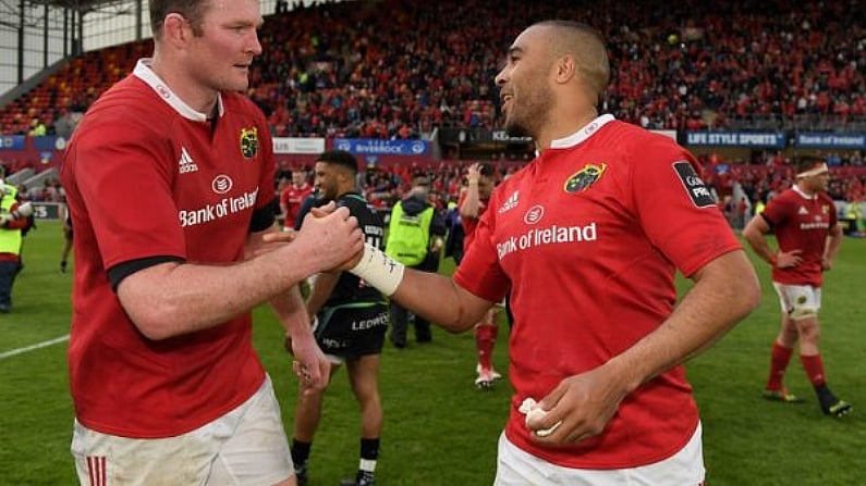 20 May 2017; Donnacha Ryan, left, and Simon Zebo of Munster after the Guinness PRO12 semi-final match between Munster and Ospreys at Thomond Park in Limerick. Photo by Brendan Moran/Sportsfile