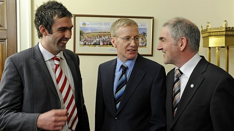 6 February 2009; Gregory Campbell, Minister of Culture, Arts and Leisure, Northern Ireland assembly, centre, is pictured with Joe McMahon, Tyrone Senior player, left, and Mickey Harte, Tyrone Senior manager, during a visit to Stormont, to mark the occassion of their All Ireland Football success in 2008. Stormont Buildings, Belfast, Co. Antrim. Picture credit: Oliver McVeigh / SPORTSFILE