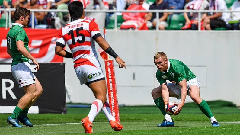 17 June 2017; Keith Earls of Ireland scores his side's first try during the rugby international match between Japan and Ireland at the Shizuoka Epoca Stadium in Fukuroi, Shizuoka Prefecture, Japan. Photo by Brendan Moran/Sportsfile