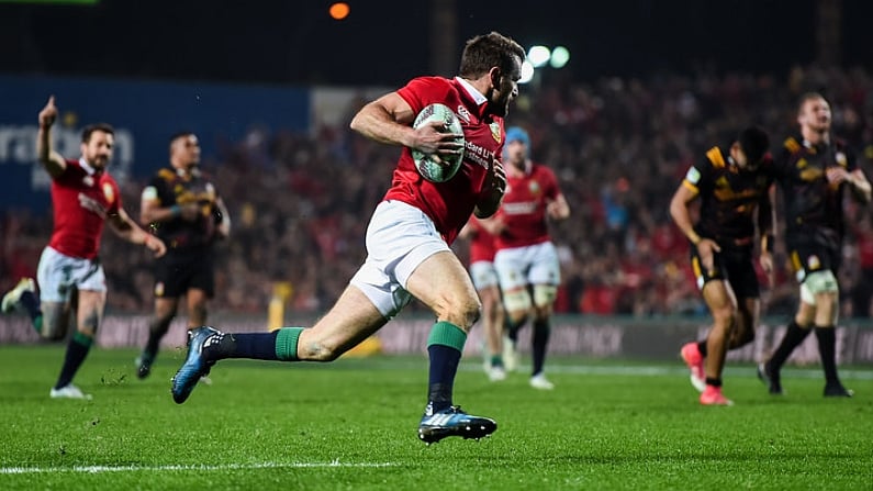 20 June 2017; Jared Payne of the British & Irish Lions runs in to score his side's fourth try during the match between the Chiefs and the British & Irish Lions at FMG Stadium in Hamilton, New Zealand. Photo by Stephen McCarthy/Sportsfile