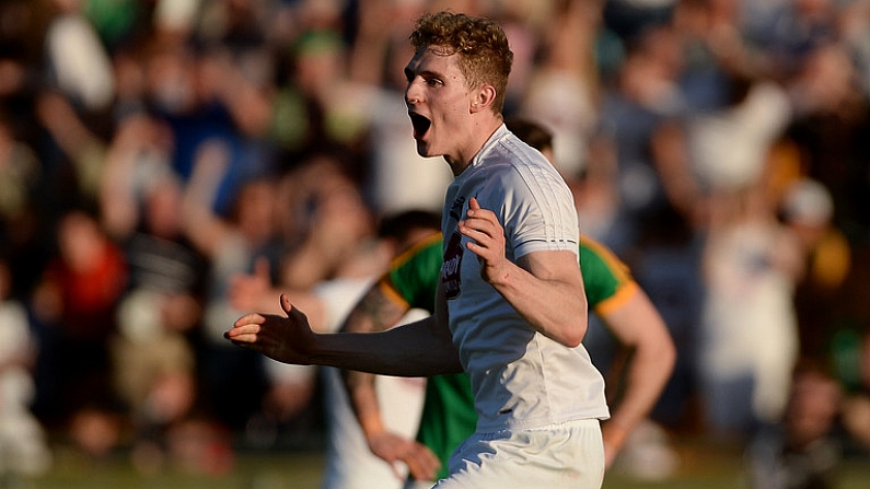 17 June 2017; Daniel Flynn of Kildare celebrates scoring his side's second goal during the Leinster GAA Football Senior Championship Semi-Final match between Meath and Kildare at Bord na Mona O'Connor Park in Tullamore, Co Offaly. Photo by Piaras O Midheach/Sportsfile