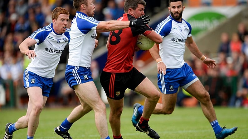 24 June 2017; Peter Turley of Down in action against Vinny Corey of Monaghan during the Ulster GAA Football Senior Championship Semi-Final match between Down and Monaghan at the Athletic Grounds in Armagh. Photo by Oliver McVeigh/Sportsfile