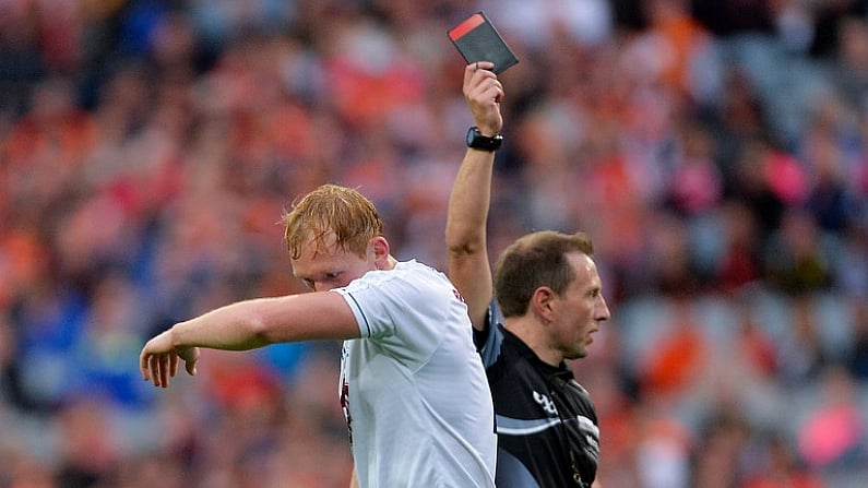 29 July 2017; Keith Cribbin of Kildare leaves the field after being shown the black card by referee Derek O'Mahoney during the GAA Football All-Ireland Senior Championship Round 4B match between Armagh and Kildare at Croke Park in Dublin. Photo by Piaras O Midheach/Sportsfile