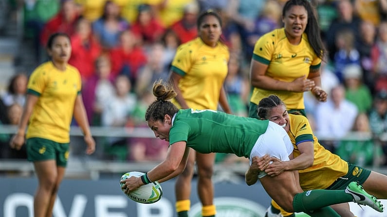 9 August 2017; Larissa Muldoon of Ireland goes over to score her side's first try during the 2017 Women's Rugby World Cup Pool C match between Ireland and Australia at the UCD Bowl in Belfield, Dublin. Photo by Eoin Noonan/Sportsfile