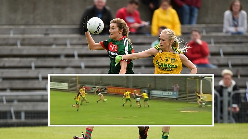 19 August 2017; Grace Kelly of Mayo in action against Treasa Doherty of Donegal during the TG4 Ladies Football All-Ireland Senior Championship Quarter-Final match between Donegal and Mayo at Cusack Park in Westmeath. Photo by Matt Browne/Sportsfile