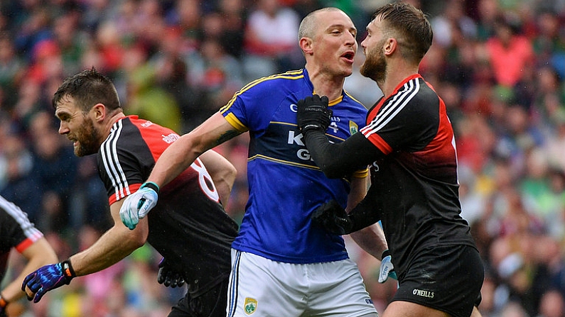 20 August 2017; Kieran Donaghy of Kerry taunts Aidan O'Shea of Mayo following his side's first goal during the GAA Football All-Ireland Senior Championship Semi-Final match between Kerry and Mayo at Croke Park in Dublin. Photo by Ramsey Cardy/Sportsfile