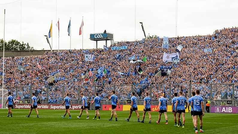 27 August 2017; The Dublin team parade alone in front of Hill 16 after the Tyrone team broke away early before the GAA Football All-Ireland Senior Championship Semi-Final match between Dublin and Tyrone at Croke Park in Dublin. Photo by Piaras O Midheach/Sportsfile