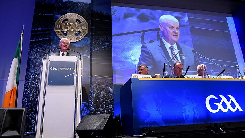 25 February 2017; Uachtaran Chumann Luthchleas Aogan O Fearghail during his Presidential address at the 2017 GAA Annual Congress at Croke Park, in Dublin. Photo by Ray McManus/Sportsfile