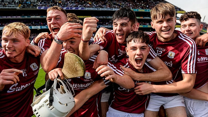 3 September 2017; Galway players celebrate after the Electric Ireland GAA Hurling All-Ireland Minor Championship Final match between Galway and Cork at Croke Park in Dublin. Photo by Piaras O Midheach/Sportsfile