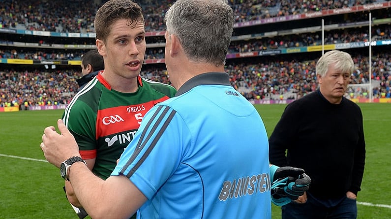 30 July 2017; Lee Keegan of Mayo with Roscommon manager Kevin McStay after the GAA Football All-Ireland Senior Championship Quarter-Final match between Mayo and Roscommon at Croke Park in Dublin. Photo by Piaras O Midheach/Sportsfile