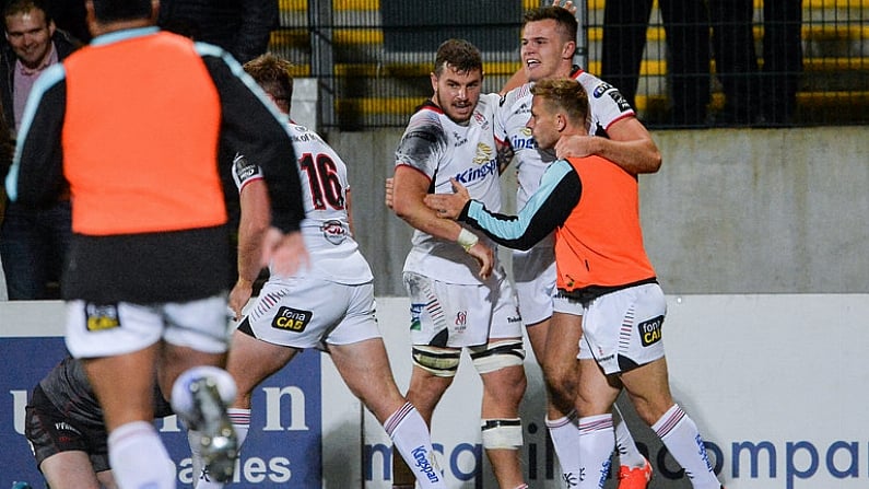 15 September 2017; Jacob Stockdale of Ulster celebrates with Sean Reidy, left, and Paul Marshall of Ulster after scoring his side's first try during the Guinness PRO14 Round 3 match between Ulster and Scarlets at the Kingspan Stadium in Belfast. Photo by Oliver McVeigh/Sportsfile