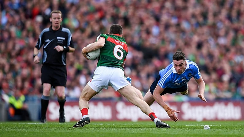 17 September 2017; Chris Barrett of Mayo in action against Paddy Andrews of Dublin during the GAA Football All-Ireland Senior Championship Final match between Dublin and Mayo at Croke Park in Dublin. Photo by Stephen McCarthy/Sportsfile