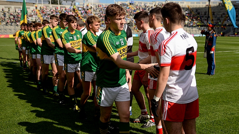 17 September 2017; Brian Friel of Kerry shakes hands with Simon McErlain of Derry prior to the Electric Ireland GAA Football All-Ireland Minor Championship Final match between Kerry and Derry at Croke Park in Dublin. Photo by Seb Daly/Sportsfile