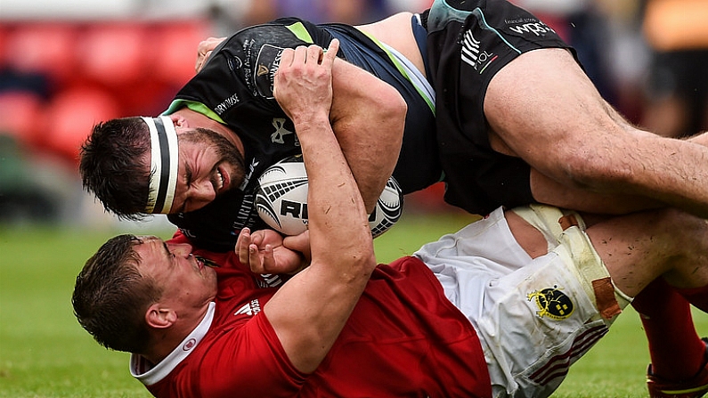 20 May 2017; Scott Baldwin of Ospreys is tackled by Tommy O'Donnell of Munster during the Guinness PRO12 semi-final between Munster and Ospreys at Thomond Park in Limerick. Photo by Diarmuid Greene/Sportsfile