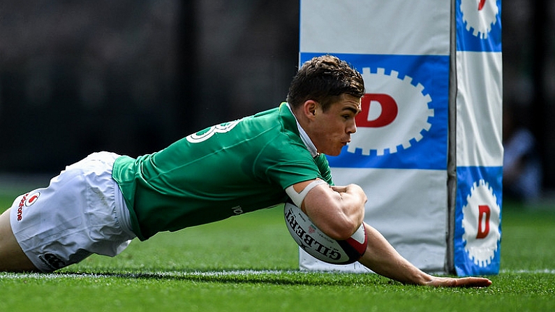 24 June 2017; Garry Ringrose of Ireland scores his side's first try during the international rugby match between Japan and Ireland in the Ajinomoto Stadium in Tokyo, Japan. Photo by Brendan Moran/Sportsfile