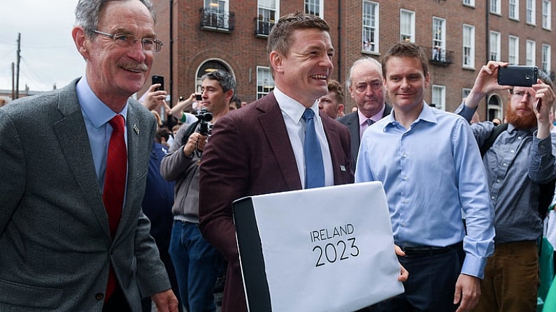 1 June 2017; Oversight Board member Dick Spring, left, and bid ambassador Brian ODriscoll arrive to hand in the IRFU Rugby bid submission for the 2023 Rugby World Cup to Brett Gosper, CEO, World Rugby and Alan Gilpin, Head of Rugby World Cup, on June 1, 2017 in Dublin, Ireland. Photo by Sam Barnes/Sportsfile