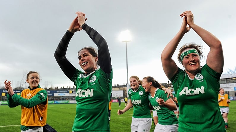 26 February 2017; Nora Stapleton, left, and Ailis Egan of Ireland celebrate following the RBS Women's Six Nations Rugby Championship match between Ireland and France at Donnybrook Stadium in Donnybrook, Dublin. Photo by Sam Barnes/Sportsfile