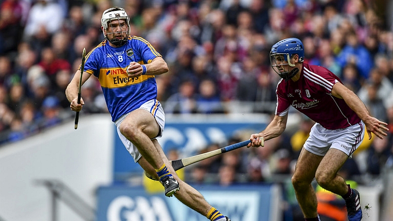 6 August 2017; Brendan Maher of Tipperary in action against Johnny Coen of Galway during the GAA Hurling All-Ireland Senior Championship Semi-Final match between Galway and Tipperary at Croke Park in Dublin. Photo by Sam Barnes/Sportsfile