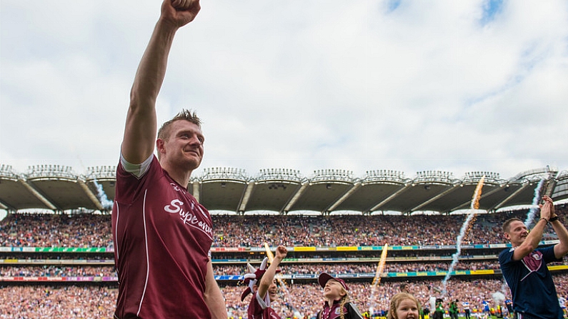 3 September 2017; Galway's Joe Canning watches on as captain David Burke lifts the Liam MacCarthy cup following the GAA Hurling All-Ireland Senior Championship Final match between Galway and Waterford at Croke Park in Dublin. Photo by Ramsey Cardy/Sportsfile