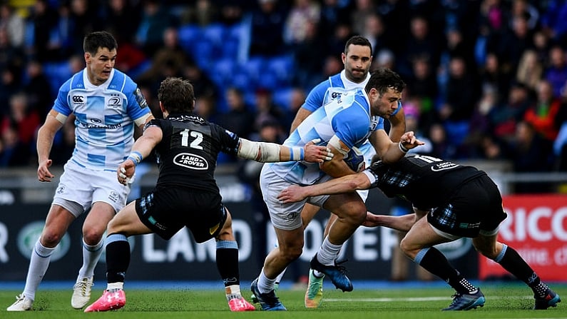 21 October 2017; Robbie Henshaw of Leinster is tackled by Finn Russell of Glasgow Warriors during the European Rugby Champions Cup Pool 3 Round 2 match between Glasgow Warriors and Leinster at Scotstoun in Glasgow, Scotland. Photo by Ramsey Cardy/Sportsfile