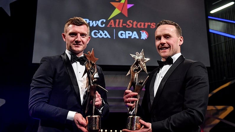 3 November 2017; Hurler of the Year Joe Canning of Galway, left, and Footballer of the Year Andy Moran of Mayo during the PwC All Stars 2017 at the Convention Centre in Dublin. Photo by Brendan Moran/Sportsfile