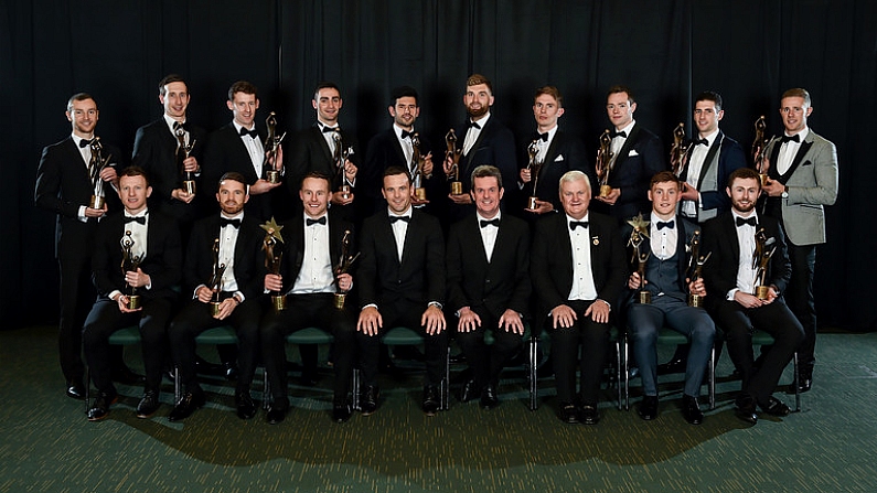 3 November 2017; The PwC Football All Stars 2017 team, back row, from left, Mayo's Keith Higgins, Tyrone's Colm Cavanagh, Mayo's David Clarke, Dublin's James McCarthy, Dublin's Cian O'Sullivan, Mayo's Aidan O'Shea, Dublin's Michael Fitzsimons, Dublin's Dean Rock, Kerry's Paul Geaney and Dublin's Paul Mannion. Front row, from left, Mayo's Colm Boyle, Mayo's Chris Barrett, Mayo's Andy Moran, David Collins, GPA President, Feargal O'Rourke, Managing Partner, PwC, Uachtaran Chumann Luthchleas Gael Aogan O Fearghail, Dublin's Con O'Callaghan, and Dublin's Jack McCaffrey during the PwC All Stars 2017 at the Convention Centre in Dublin. Photo by Seb Daly/Sportsfile