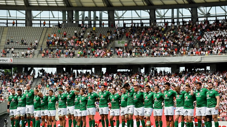 24 June 2017; The Ireland team line up for the anthems before the international rugby match between Japan and Ireland in the Ajinomoto Stadium in Tokyo, Japan. Photo by Brendan Moran/Sportsfile