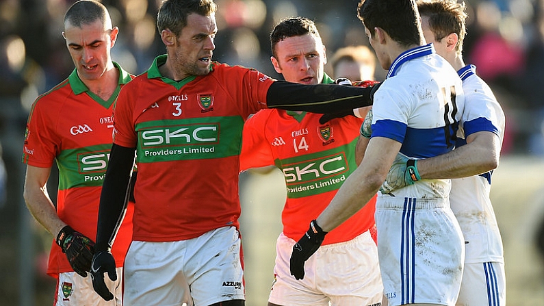 12 November 2017; Damien Power and Leighton Glynn of Rathnew with Diarmuid Connolly and Gavin Burke of St Vincent's during the AIB Leinster GAA Football Senior Club Championship Quarter-Final match between Rathnew and St Vincent's at Joule Park in Aughrim, Wicklow. Photo by Matt Browne/Sportsfile