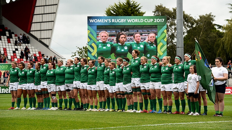 26 August 2017; The Ireland squad during the anthems in the 2017 Women's Rugby World Cup, 7th Place Play-Off between Ireland and Wales at Kingspan Stadium in Belfast. Photo by Oliver McVeigh/Sportsfile