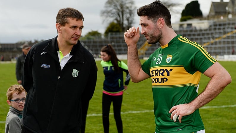 2 April 2017; Bryan Sheehan of Kerry in conversation with former Kerry footballer and current selector Maurice Fitzgerald following the Allianz Football League Division 1 Round 7 match between Kerry and Tyrone at Fitzgerald Stadium in Killarney, Co Kerry. Photo by Cody Glenn/Sportsfile