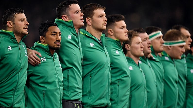 11 November 2017; Bundee Aki of Ireland, 2nd from left, lines up alongside his team-mates prior to the Guinness Series International match between Ireland and South Africa at the Aviva Stadium in Dublin. Photo by Brendan Moran/Sportsfile