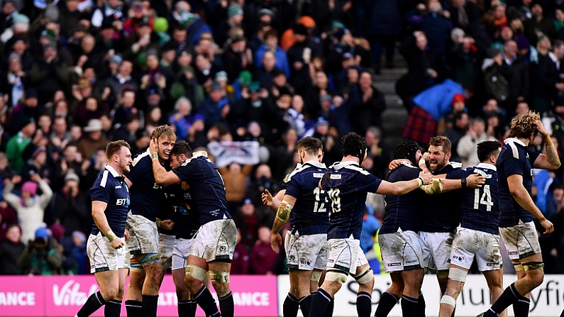 4 February 2017; Scotland players celebrate their side's victory at the final whistle of the RBS Six Nations Rugby Championship match between Scotland and Ireland at BT Murrayfield Stadium in Edinburgh, Scotland. Photo by Ramsey Cardy/Sportsfile