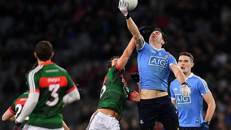 4 March 2017; Michael Darragh Macauley of Dublin in action against Tom Parsons of Mayo during the Allianz Football League Division 1 Round 4 match between Dublin and Mayo at Croke Park in Dublin. Photo by Brendan Moran/Sportsfile