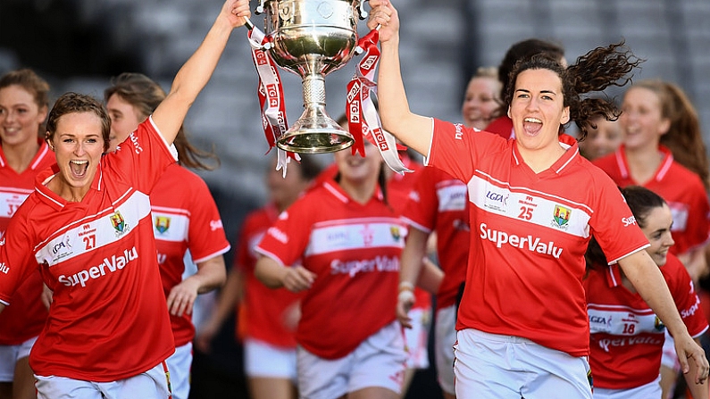 25 September 2016; Aine Hayes, left, and Brid O'Sullivan of Cork celebrate with the Brendan Martin Cup after the Ladies Football All-Ireland Senior Football Championship Final match between Cork and Dublin at Croke Park in Dublin.  Photo by Brendan Moran/Sportsfile