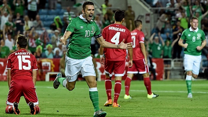 4 September 2015; Robbie Keane, Republic of Ireland, celebrates after scoring his side's second goal. UEFA EURO 2016 Championship Qualifier, Group D, Gibraltar v Republic of Ireland. Estadio Algarve, Faro, Portugal. Picture credit: David Maher / SPORTSFILE